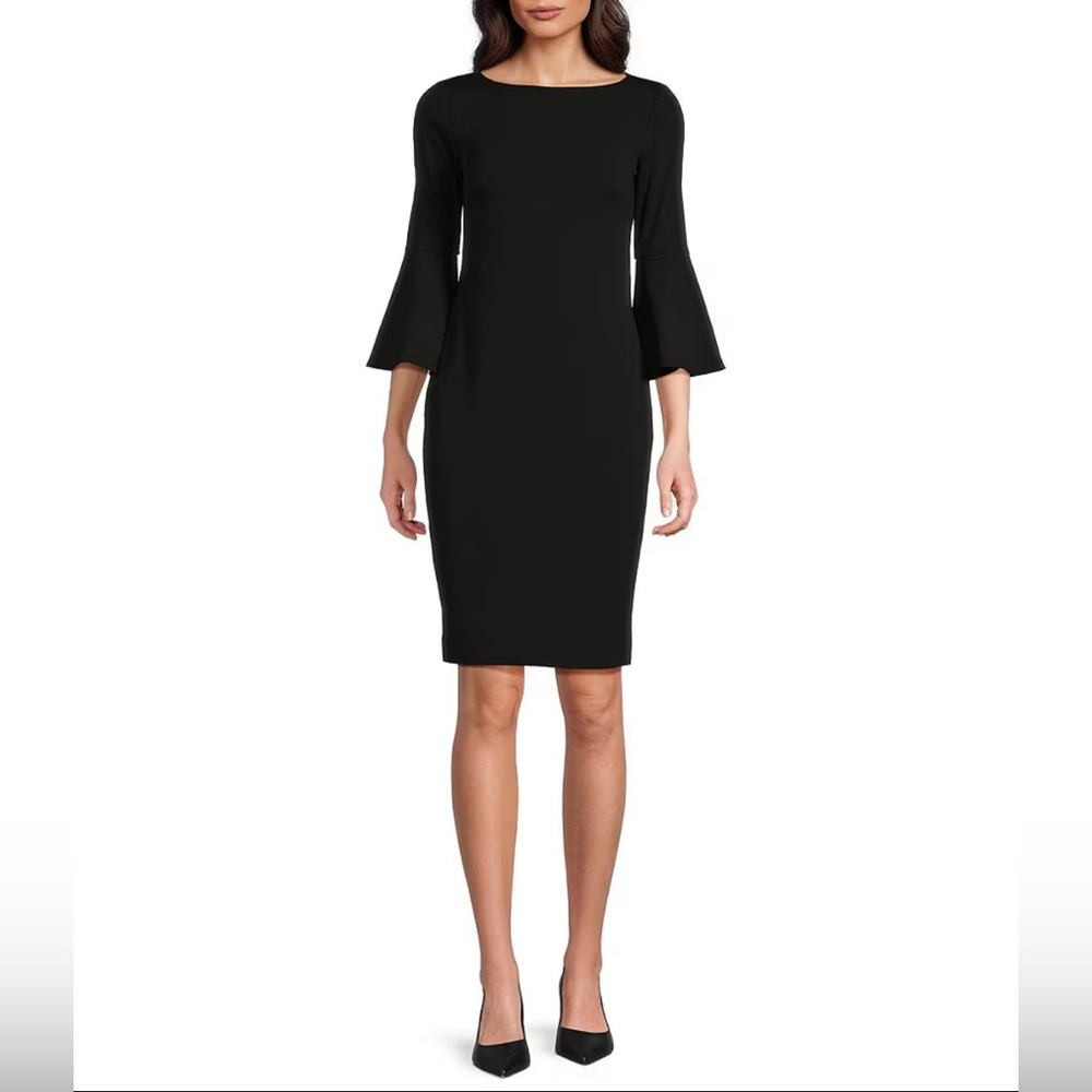 Calvin Klein Black 3/4 Bell Sleeve Boat Neck Sheath Dress